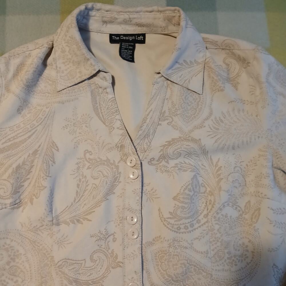The Design Loft Faux Suede beige long-sleeve button-down shirt paisley
